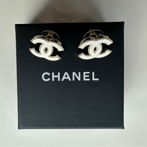 Authentic CHANEL Gold CC White Enamel Piercing Earrings - Picture 2 of 7